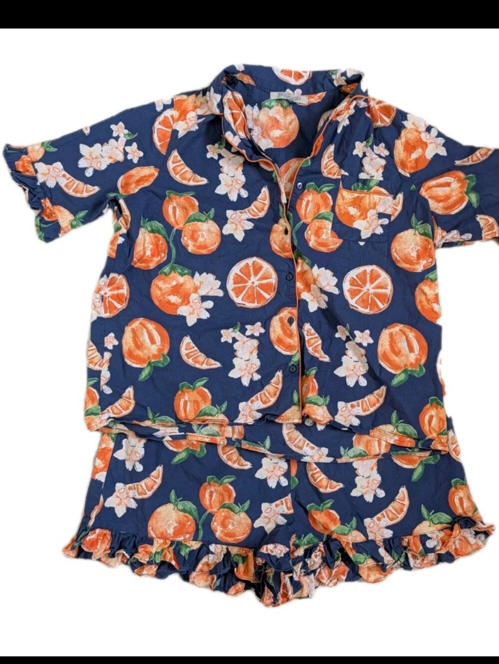 Their Nibs Women's Citrus Orange & Blue Pajama Set Small Ruffled 100% Cotton XL